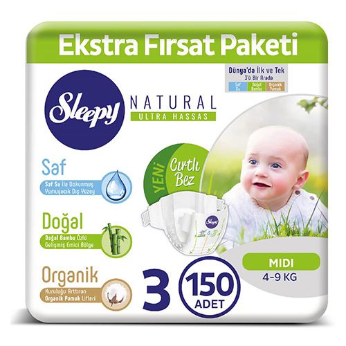 Sleepy Natural Bebek Bezi 3 Numara Midi 150 Adet