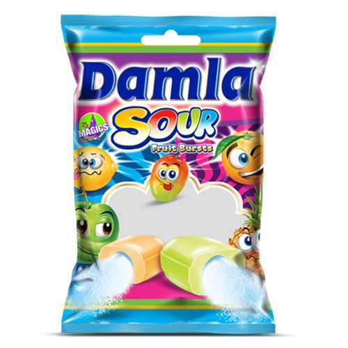 Tayaş Damla Sour Meyve Aromalı (Portakal, Elma, Limon, Tropikal) Toz Dolgulu Yumuşak Şeker 90 Gr